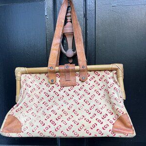 Super fun 90's cotton print purse with bamboo and leather trim